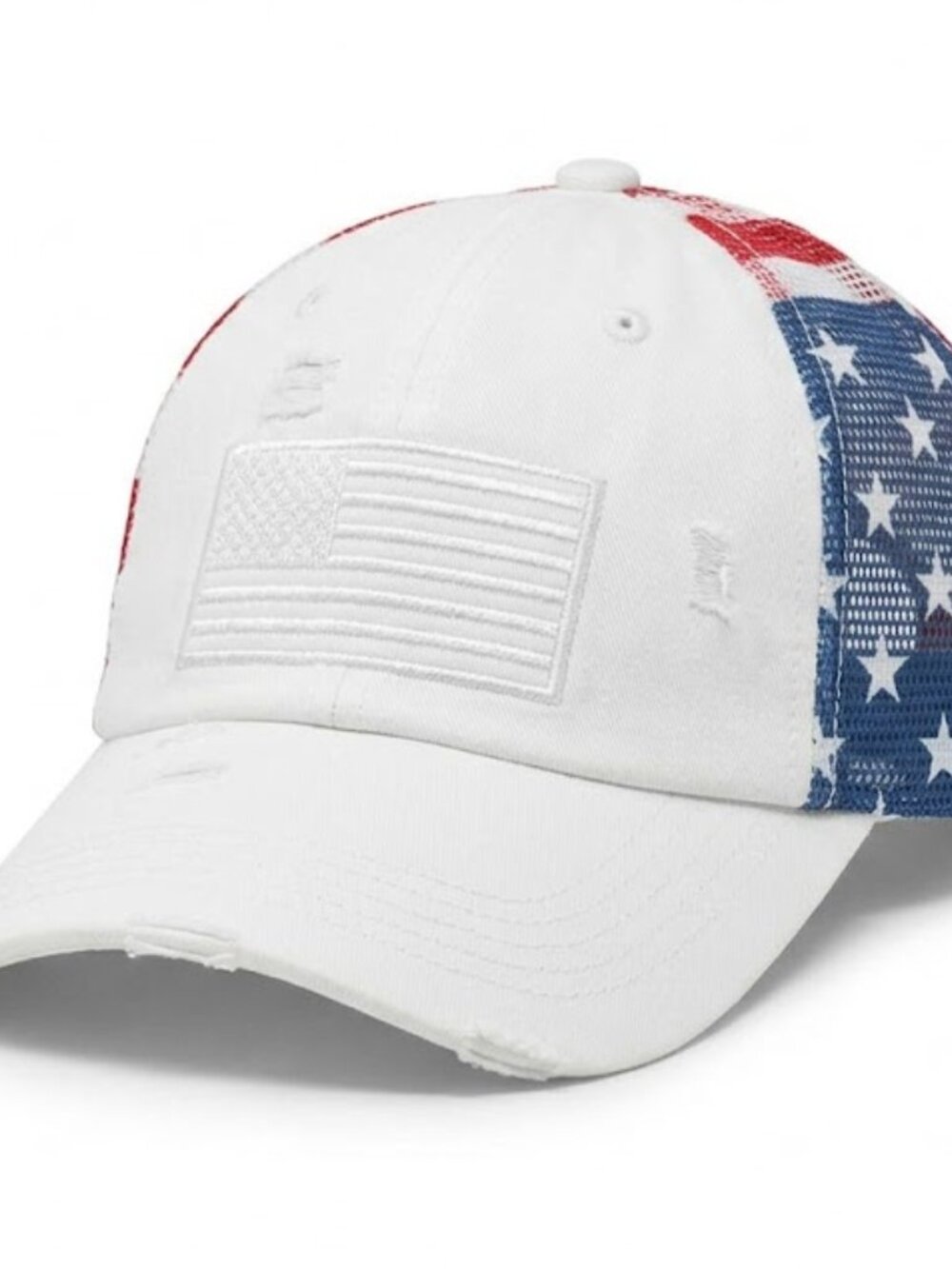 NWT - Distressed White USA Flag Ponytail Messy Bun Baseball Hat